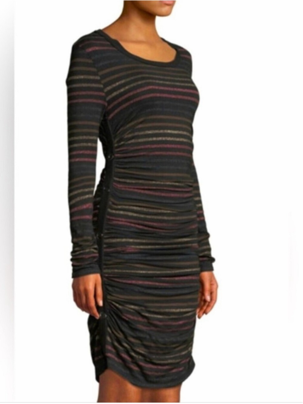 Veronica Beard Black Striped Long-Sleeve Ruched Dress with Brown and Red Accents